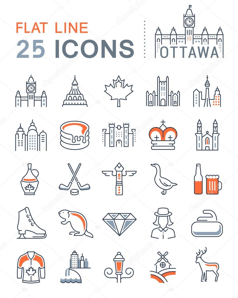 Set vector line icons in flat design Ottawa, Canada and North America with elements for mobile concepts and web apps. Collection modern infographic logo and pictogram