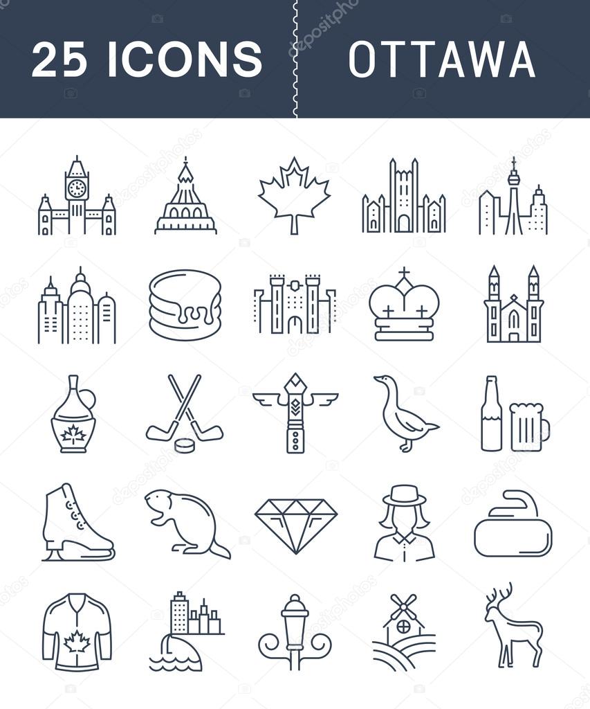 Set vector line icons in flat design Ottawa, Canada and North America with elements for mobile concepts and web apps. Collection modern infographic logo and pictogram