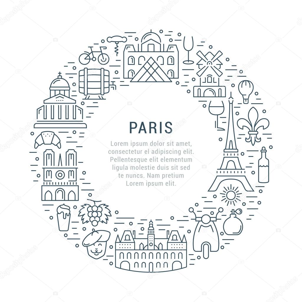 France and Paris City concept. Symbols isolated on background. Web banner with scooter, wine, architecture, cycle, and culture thing. Vector label or emblem.
