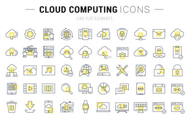 Vektör düz çizgi simgeler bulut servisi ayarla