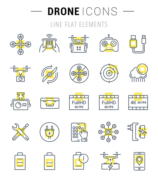 Wektor zestaw płaskiej linii ikony drony — Wektor stockowy