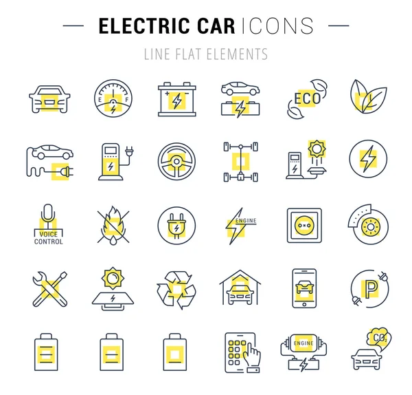 Set Vector Línea Plana Iconos Coches Eléctricos — Vector de stock