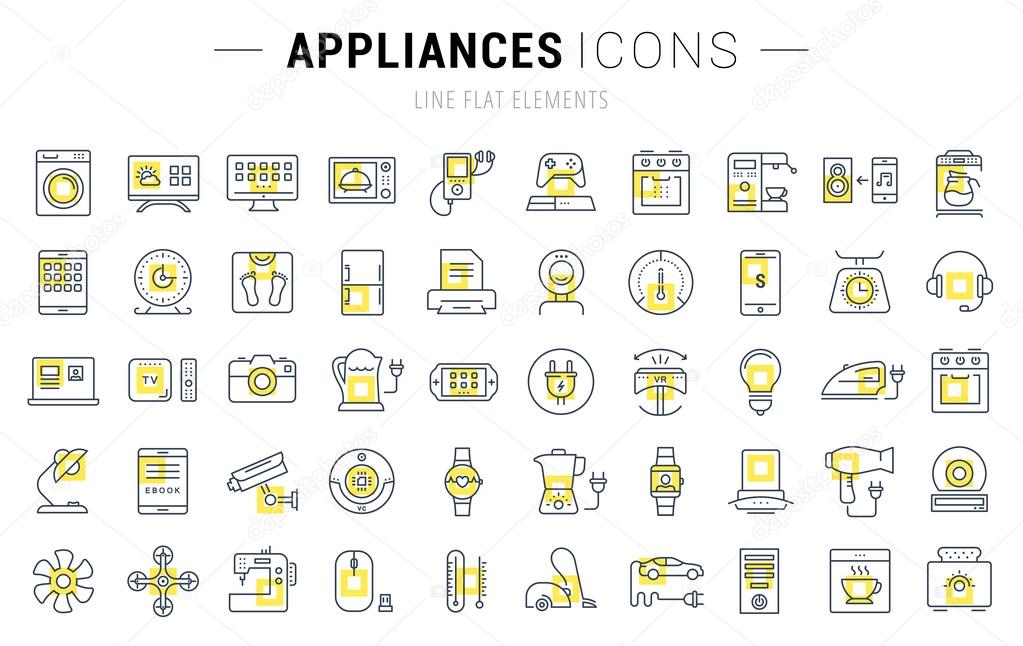 Set vector line icons in flat design appliance, smart devices and gadgets, modern web icons and symbols with elements for mobile concepts and web apps. Collection modern infographic logo and pictogram