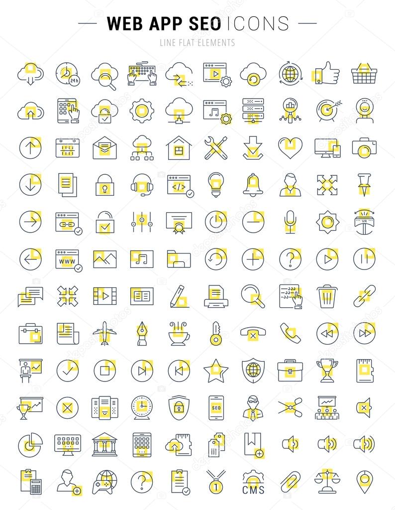 Set vector line icons in flat design smm, cms, seo and ui, ux design with elements for mobile concepts and web apps. Collection modern infographic logo and pictogram.