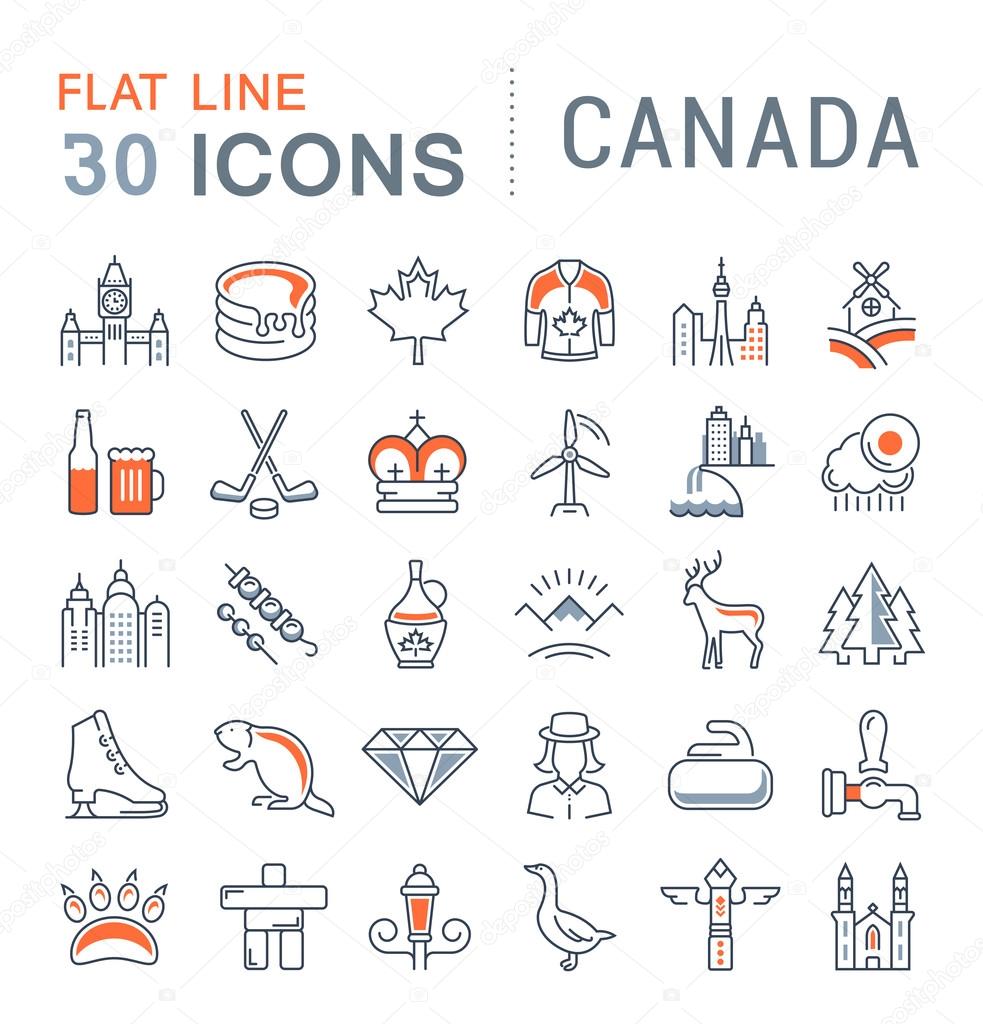Set vector line icons in flat design Canada, North America and architecture with elements for mobile concepts and web apps. Collection modern infographic logo and pictogram.