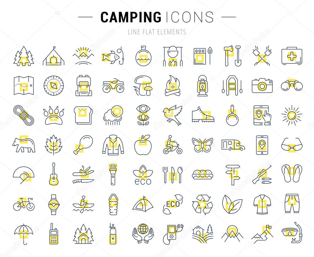 Set vector line icons in flat design camping, eco and ecotourism with elements for mobile concepts and web apps. Collection modern infographic logo and pictogram.