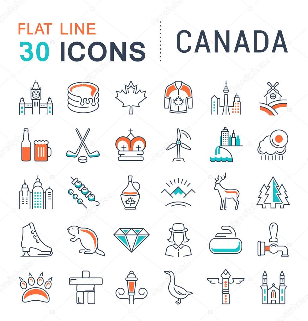 Set vector line icons in flat design Canada, North America and architecture with elements for mobile concepts and web apps. Collection modern infographic logo and pictogram.