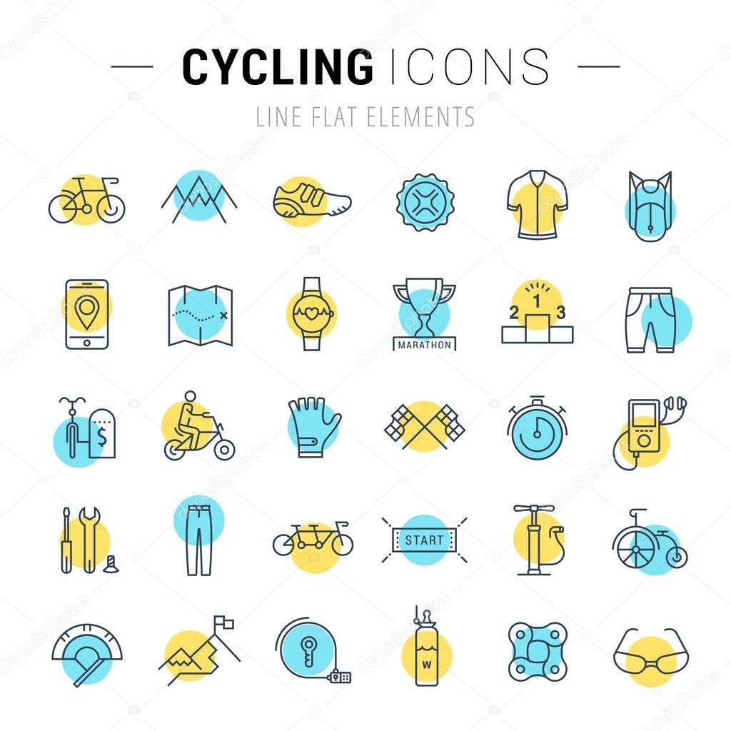 Set vector line icons with open path cycling, bike elements and parts, bicycle sport with elements for mobile concepts and web apps. Collection modern infographic logo and pictogram.