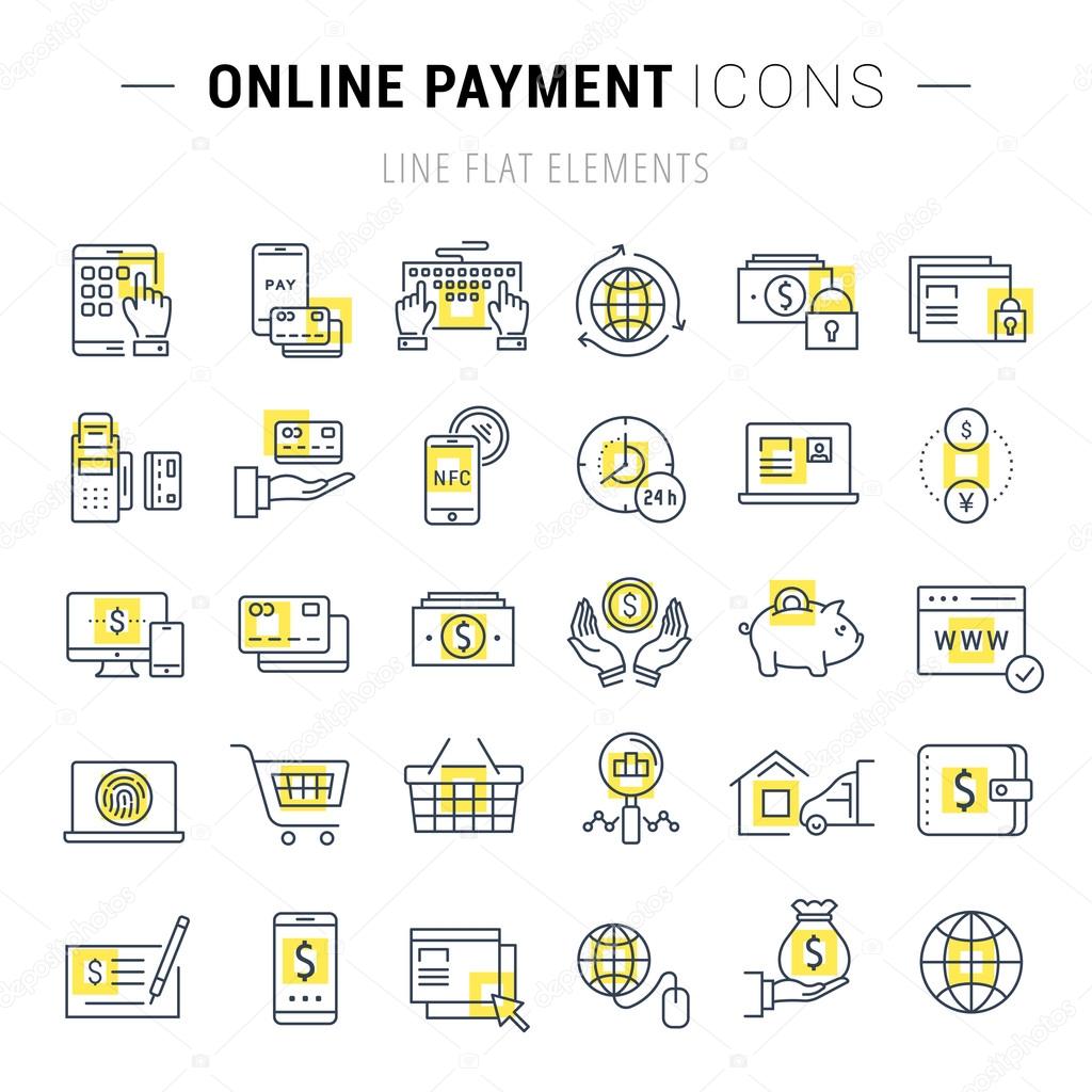 Set vector line icons in flat design online banking, payment and online shopping with elements for mobile concepts and web apps. Collection modern infographic logo and pictogram.