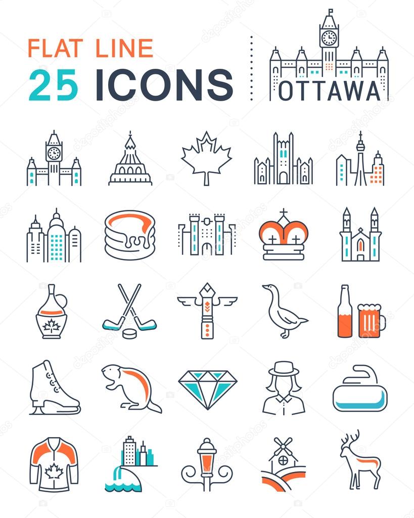 Set vector line icons in flat design Ottawa, Canada and North America with elements for mobile concepts and web apps. Collection modern infographic logo and pictogram