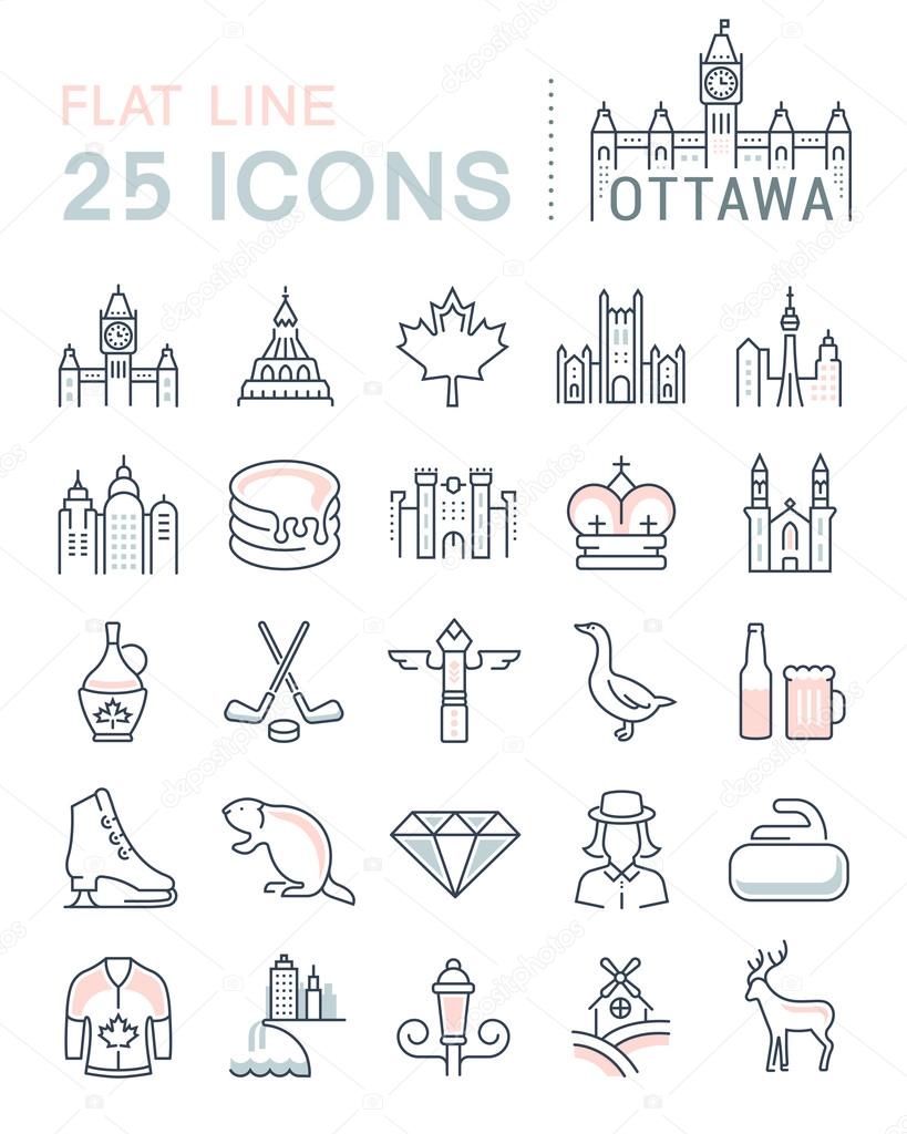 Set vector line icons in flat design Ottawa, Canada and North America with elements for mobile concepts and web apps. Collection modern infographic logo and pictogram
