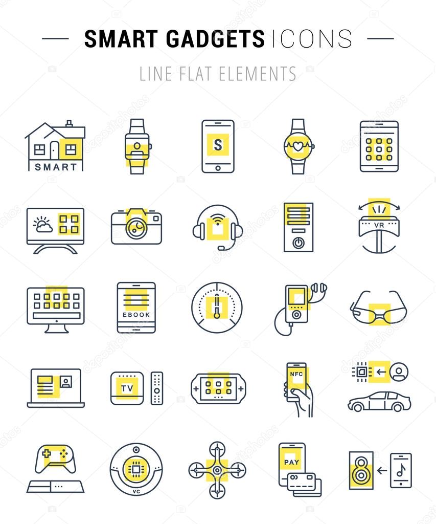 Set vector line icons with open path smart device and gadgets, smart, home, car drones and other device with elements for mobile concepts and web apps. Collection modern infographic logo and pictogram