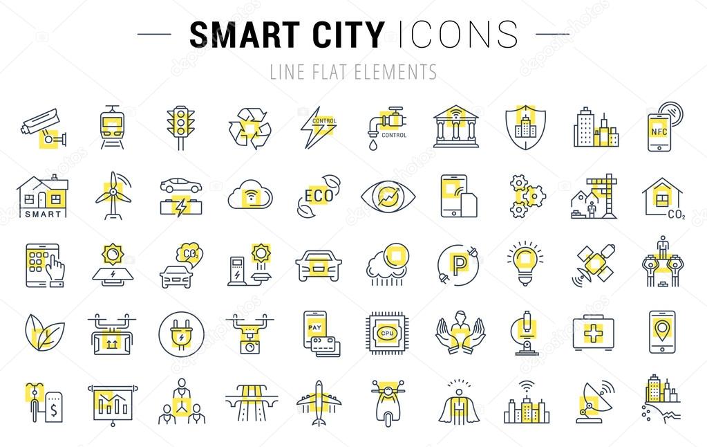 Set vector line icons with open path smart sity and technology with elements for mobile concepts and web apps. Collection modern infographic logo and pictogram.