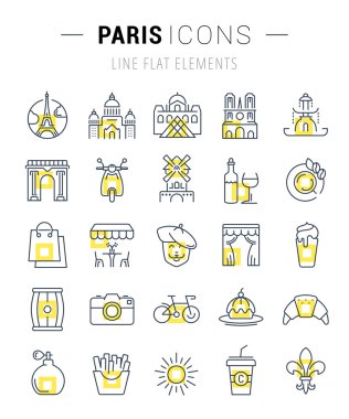 Vektör düz çizgi simgeler Paris ayarla