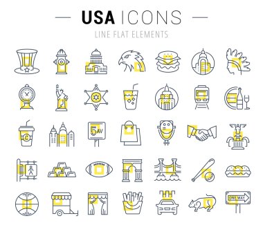 Vektör düz çizgi Icons Set ABD ve Amerika
