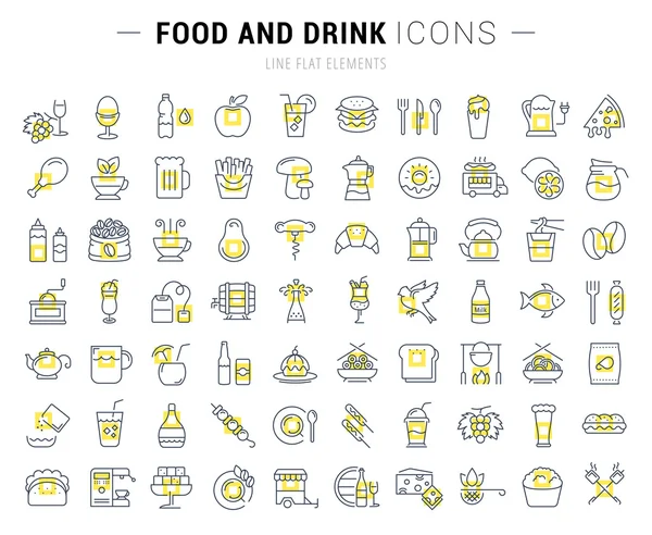 Set Vector Línea Plana Iconos Bebidas y Alimentos — Archivo Imágenes Vectoriales