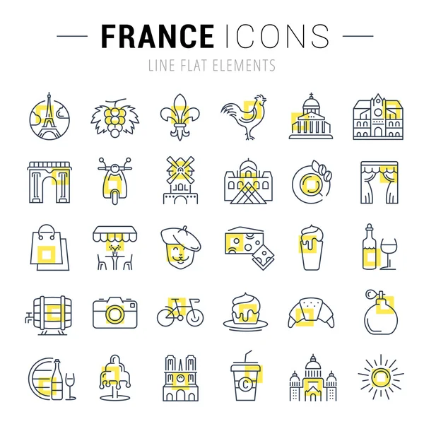 Set Vector Flat Line Iconos Francia y París — Vector de stock