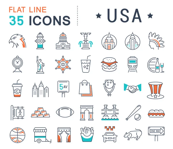 Set Vector Flat Line Iconos Estados Unidos y América — Archivo Imágenes Vectoriales
