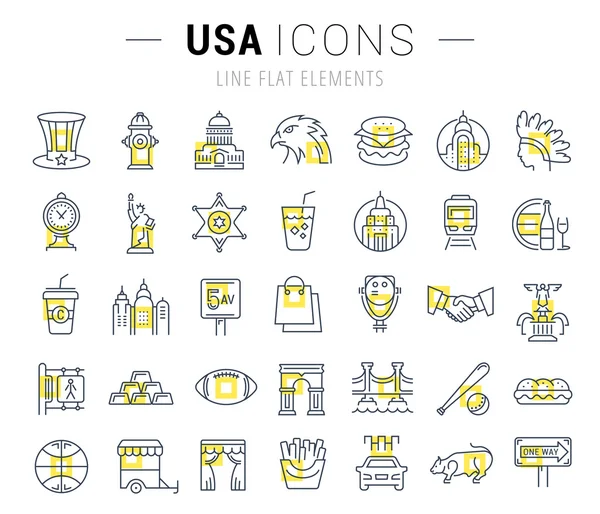 Ställa in vektor platt linje ikoner Usa och Amerika — Stock vektor