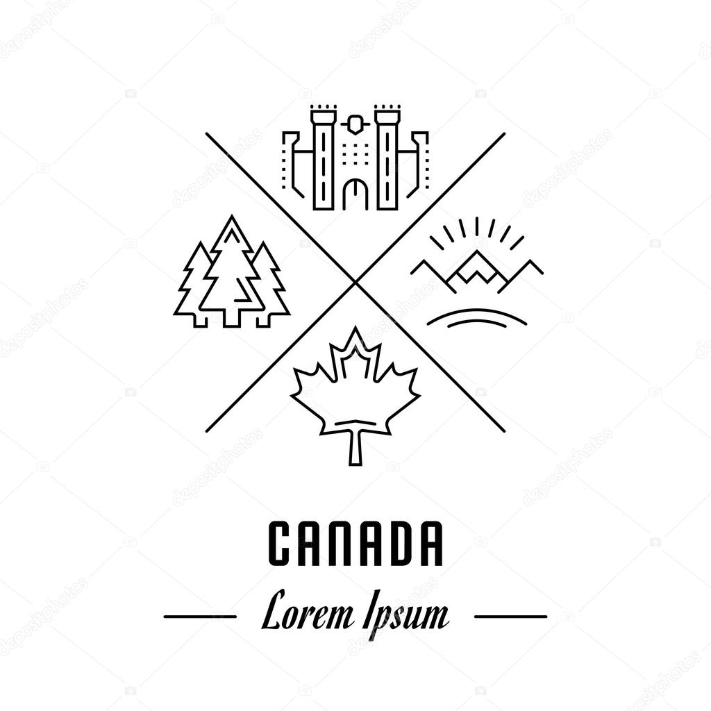 Vector logo Canada. Hipster emblem, label or banner for travel company or country. Line sign with elements. Concept brand.