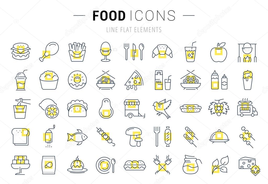Set vector line icons meal and fast food in flat design with elements for mobile concepts and web. Collection modern infographic logo and pictogram.