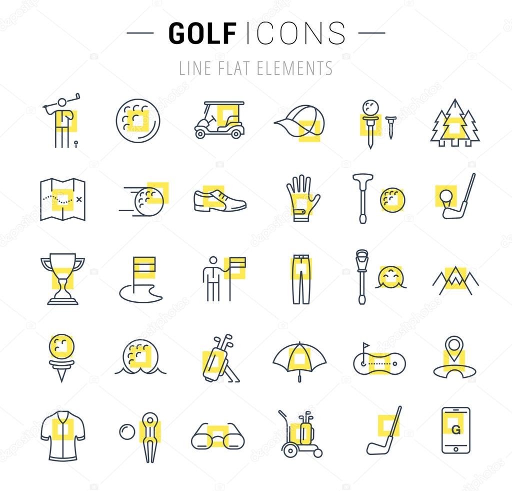 Set vector line icons with open path game golf and golf equipments with elements for mobile concepts and web apps. Collection modern infographic logo and pictogram.