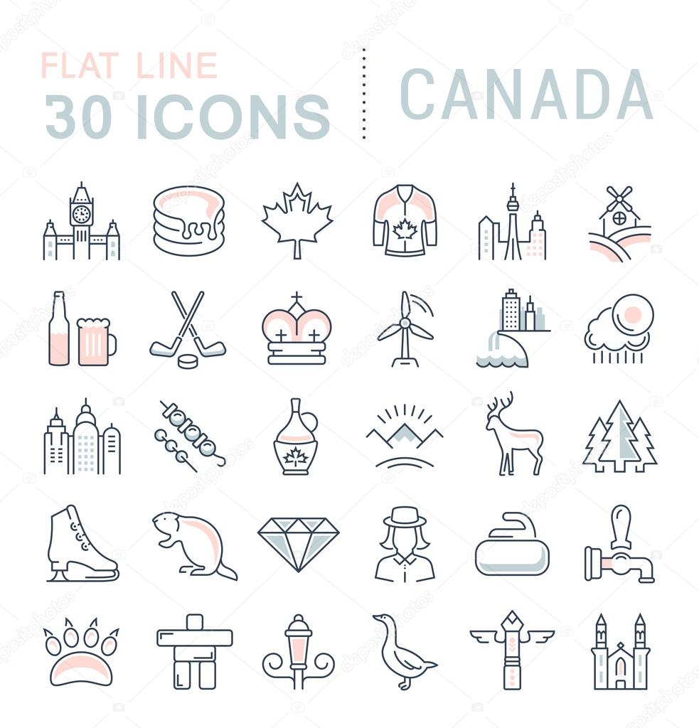 Set vector line icons in flat design Canada, North America and architecture with elements for mobile concepts and web apps. Collection modern infographic logo and pictogram.