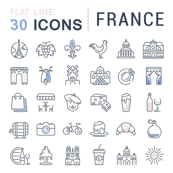 Set Vector Flat Line Iconos Francia y París — Vector de stock