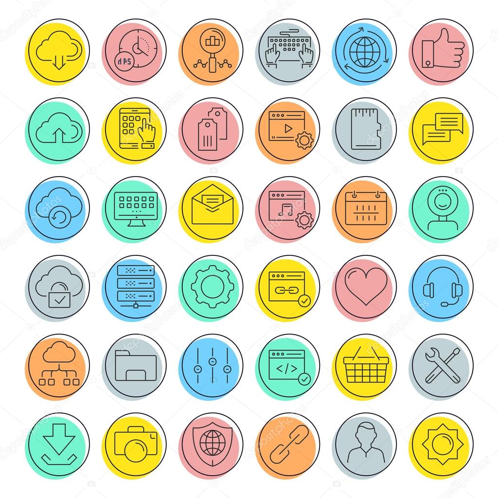 Set vector line icons in flat design smm, cms, seo and ui, ux design with elements for mobile concepts and web apps. Collection modern infographic logo and pictogram.