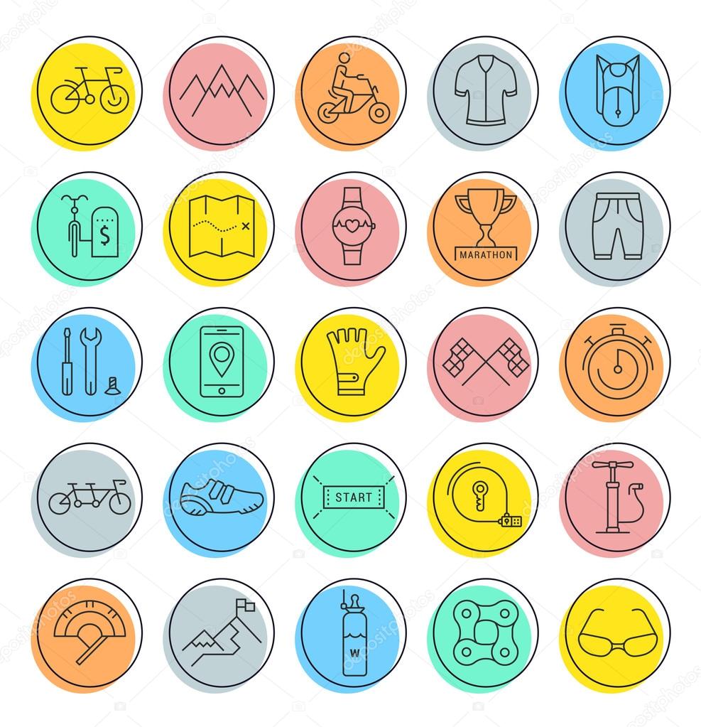 Set vector line icons with open path cycling, bike elements and parts, bicycle sport with elements for mobile concepts and web apps. Collection modern infographic logo and pictogram.