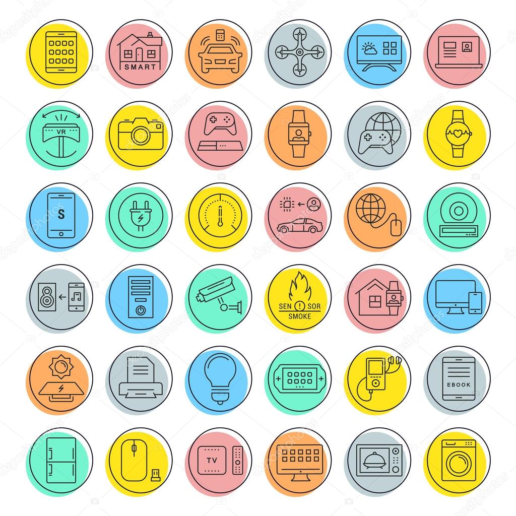 Set vector line icons with open path internet of things and smart gadgets with elements for mobile concepts and web apps. Collection modern infographic logo and pictogram