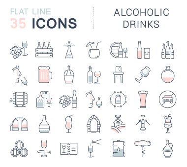 Alkollü içecekler vektör düz çizgi Icons set