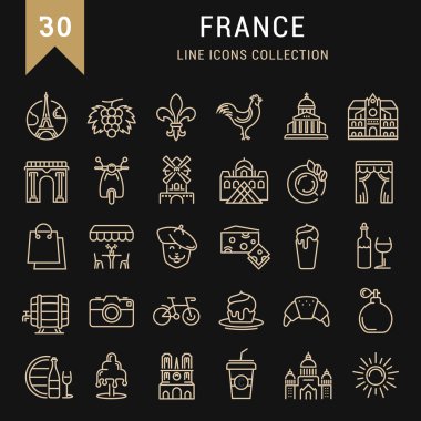 Vektör düz çizgi Icons Set Fransa ve Paris