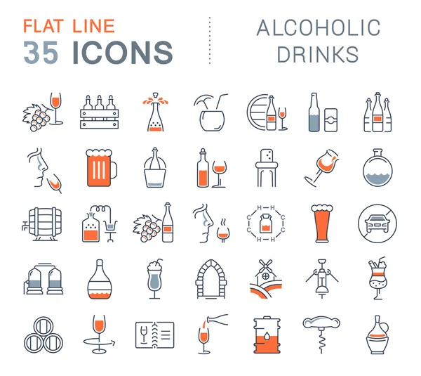 Set Vector Flat Line Icons Alcoholic Drinks — Stock Vector