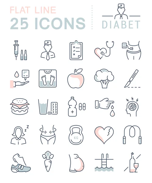 Set vecteur ligne plate icônes Diabète — Image vectorielle
