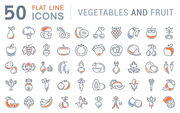 Ορίστε διάνυσμα επίπεδη γραμμή εικονιδίων λαχανικά και φρούτα — Διανυσματικό Αρχείο