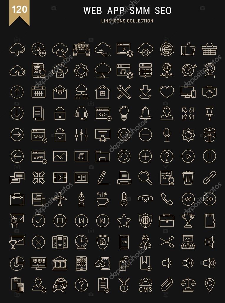 Set vector line icons in flat design smm, cms, seo and ui, ux design with elements for mobile concepts and web apps. Collection modern infographic logo and pictogram.