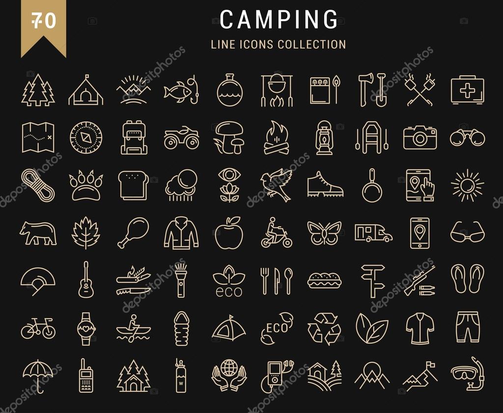 Set vector line icons in flat design camping, eco and ecotourism with elements for mobile concepts and web apps. Collection modern infographic logo and pictogram.