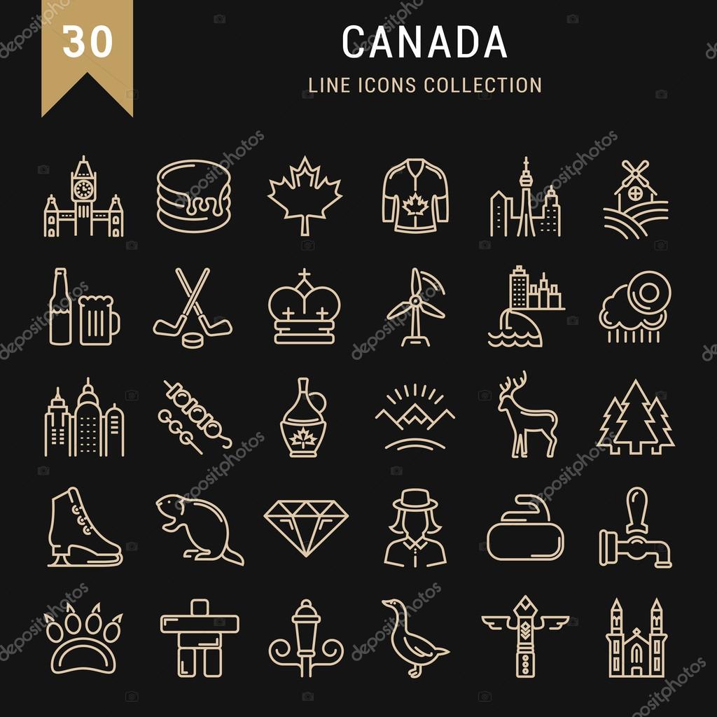 Set vector line icons in flat design Canada, North America and architecture with elements for mobile concepts and web apps. Collection modern infographic logo and pictogram.