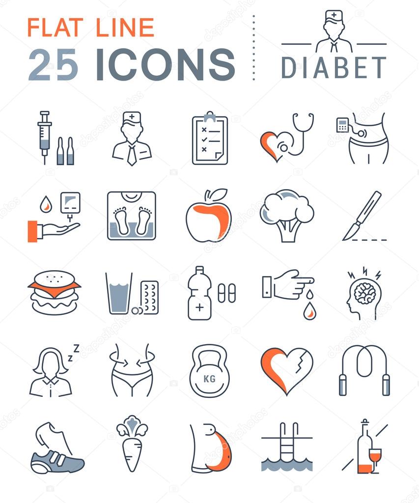 Set vector line icons in flat design diabet and diabetes mellitus with elements for mobile concepts and web apps. Collection modern infographic logo and pictogram.
