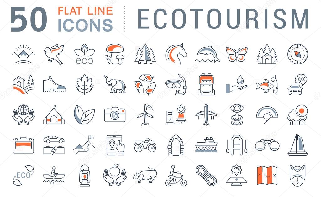 Set vector line icons in flat design eco, ecotourism and recycle with elements for mobile concepts and web apps. Collection modern infographic logo and pictogram.