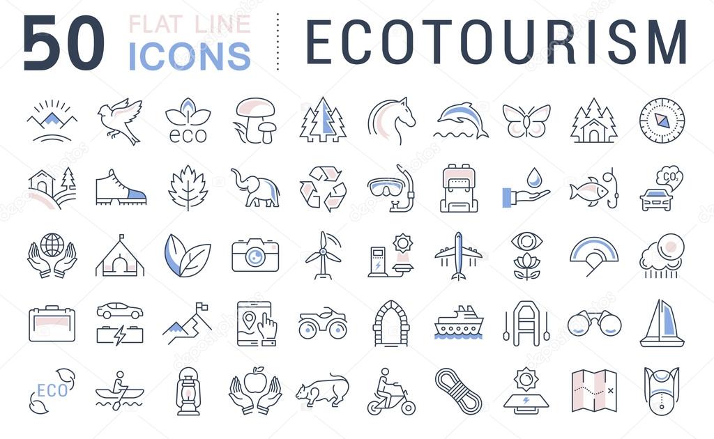 Set vector line icons in flat design eco, ecotourism and recycle with elements for mobile concepts and web apps. Collection modern infographic logo and pictogram.