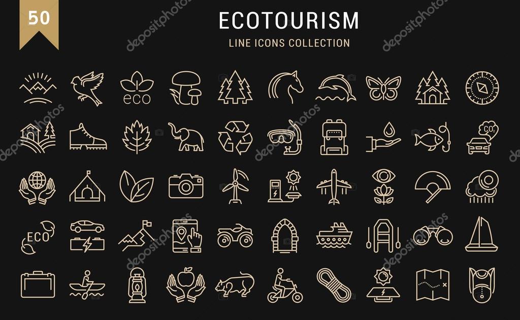Set vector line icons in flat design eco, ecotourism and recycle with elements for mobile concepts and web apps. Collection modern infographic logo and pictogram.
