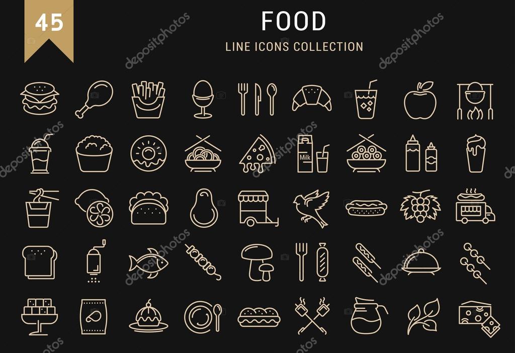 Set vector line icons meal and fast food in flat design with elements for mobile concepts and web. Collection modern infographic logo and pictogram.