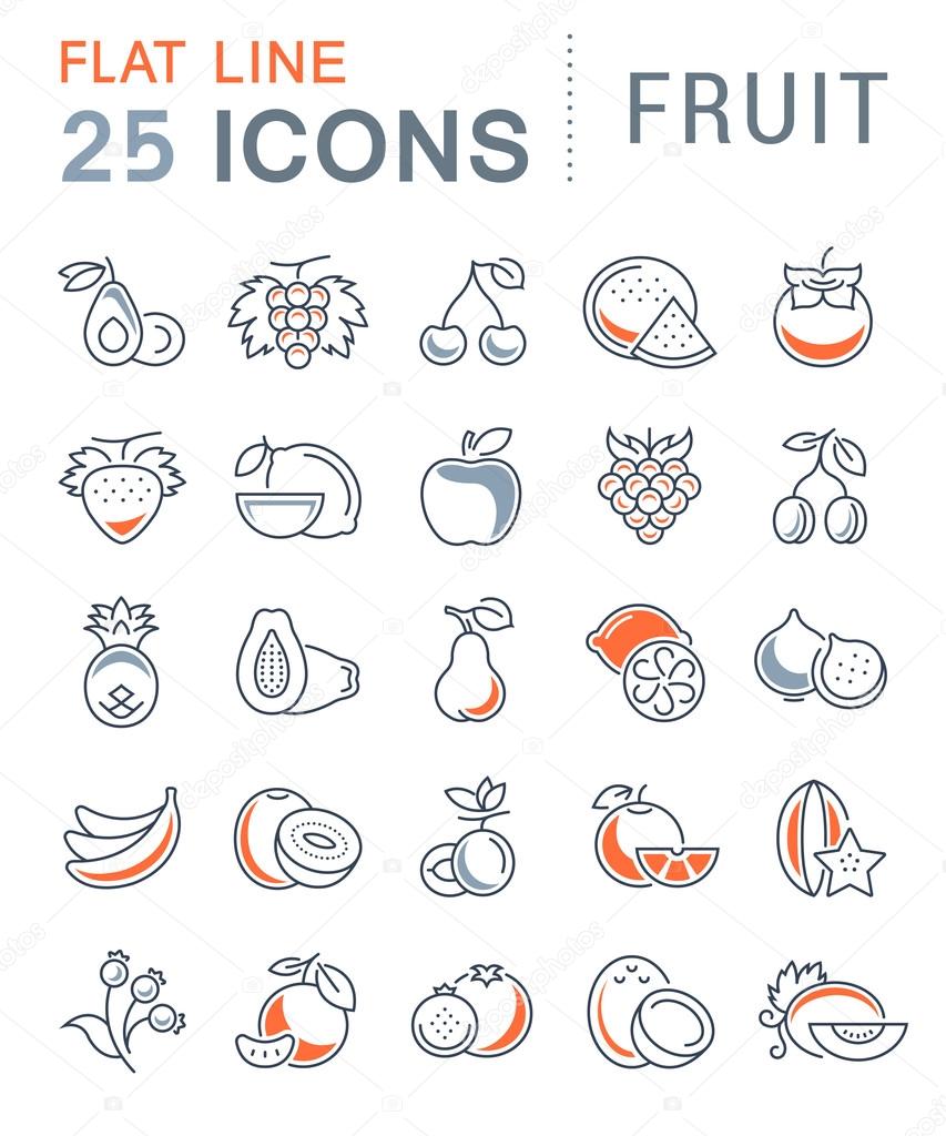 Set vector line icons in flat design Fruit and vegetarian Food with elements for mobile concepts and web apps. Collection modern infographic logo and pictogram.