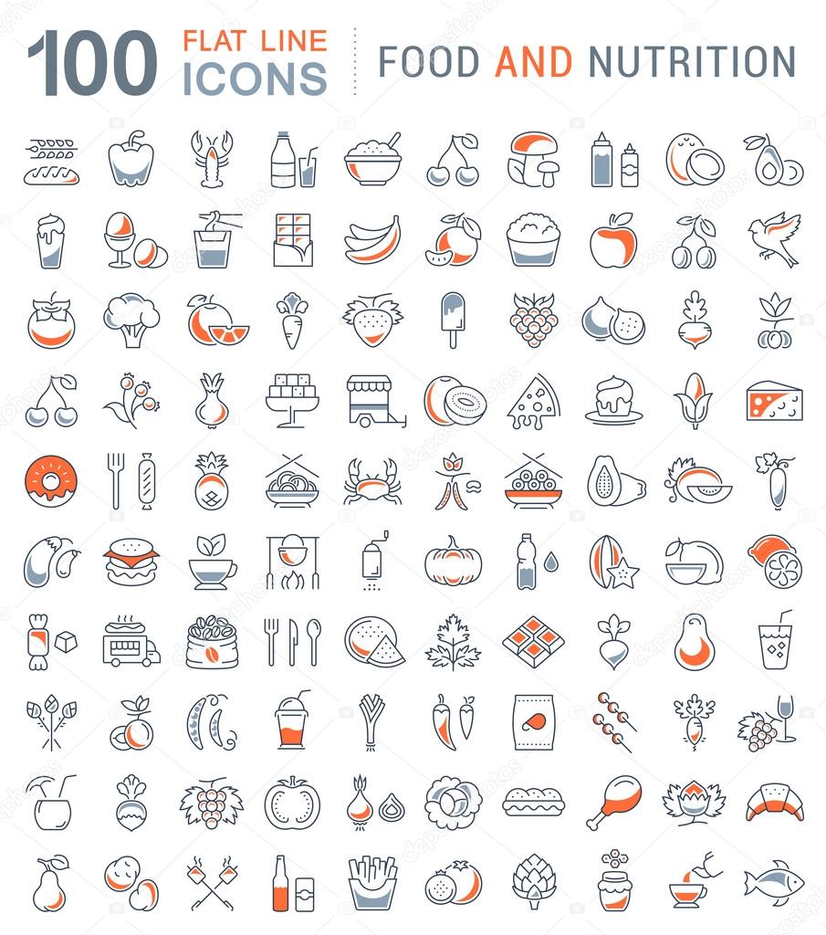 Big set vector line icons meal, seafood, fruit, vegetables and fast food in flat design with elements for mobile concepts and web. Collection modern infographic logo and pictogram.