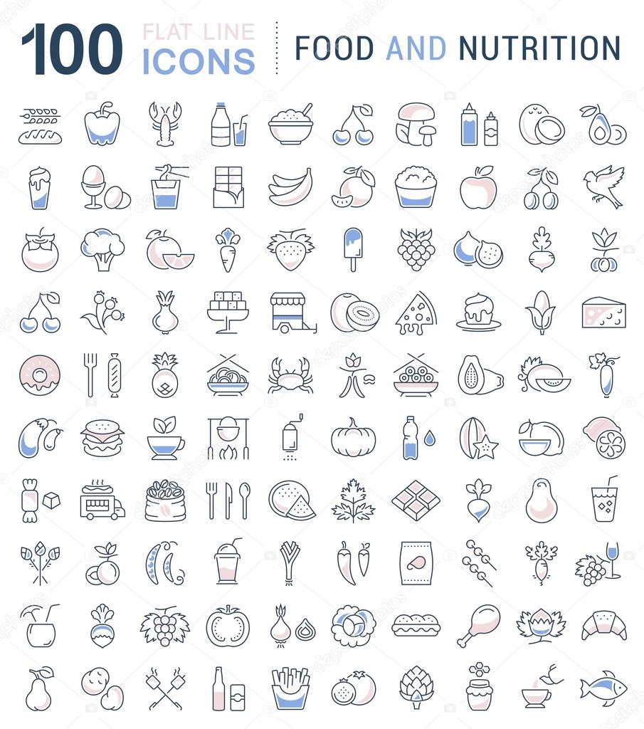 Big set vector line icons meal, seafood, fruit, vegetables and fast food in flat design with elements for mobile concepts and web. Collection modern infographic logo and pictogram.