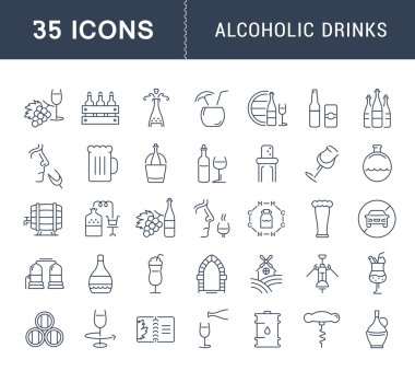 Alkollü içecekler vektör düz çizgi Icons set