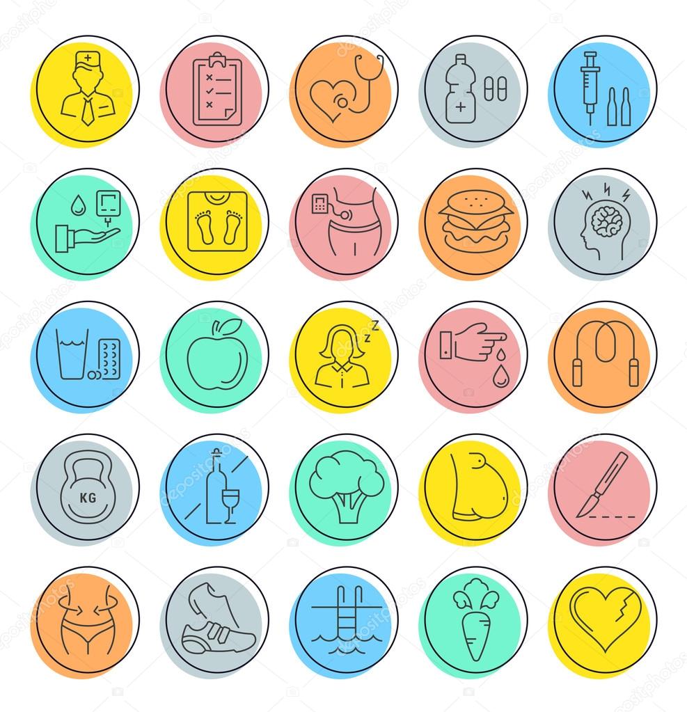Set vector line icons in flat design diabet and diabetes mellitus with elements for mobile concepts and web apps. Collection modern infographic logo and pictogram.