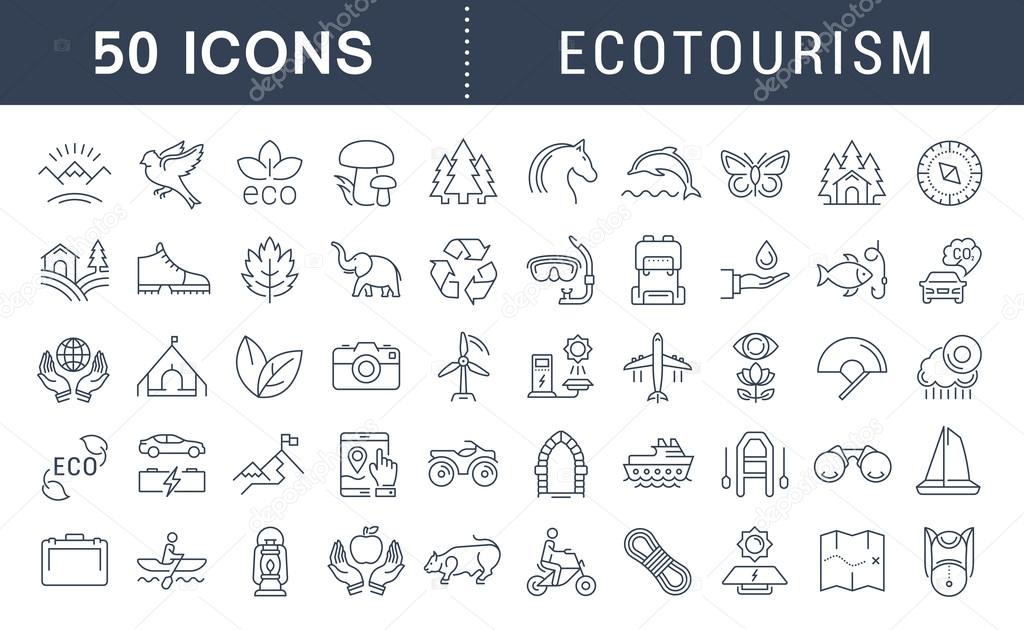 Set vector line icons in flat design eco, ecotourism and recycle with elements for mobile concepts and web apps. Collection modern infographic logo and pictogram.
